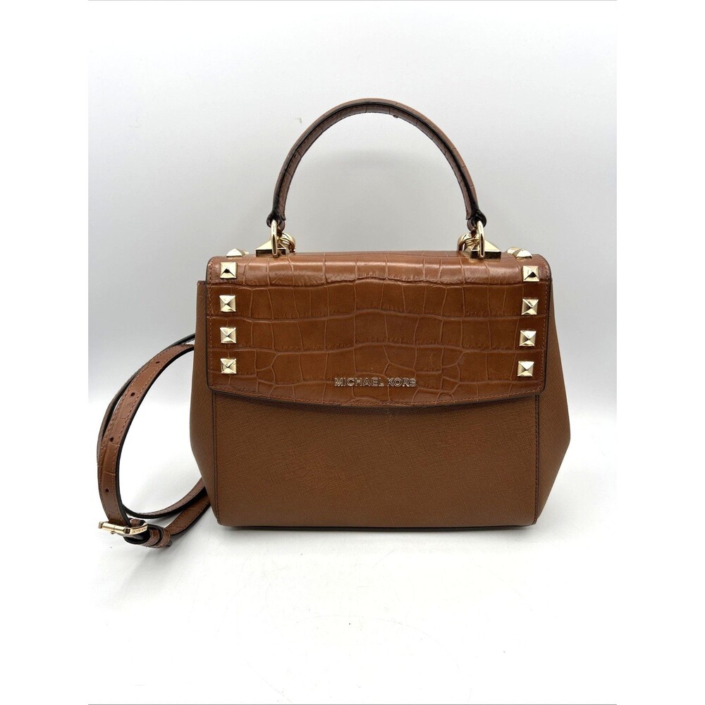 Michael Kors Karla Top Handle Satchel Shoulder Bag Croc Embossed Studded Brown